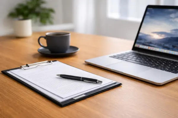 Umowa wynajmu, długopis i laptop na biurku
